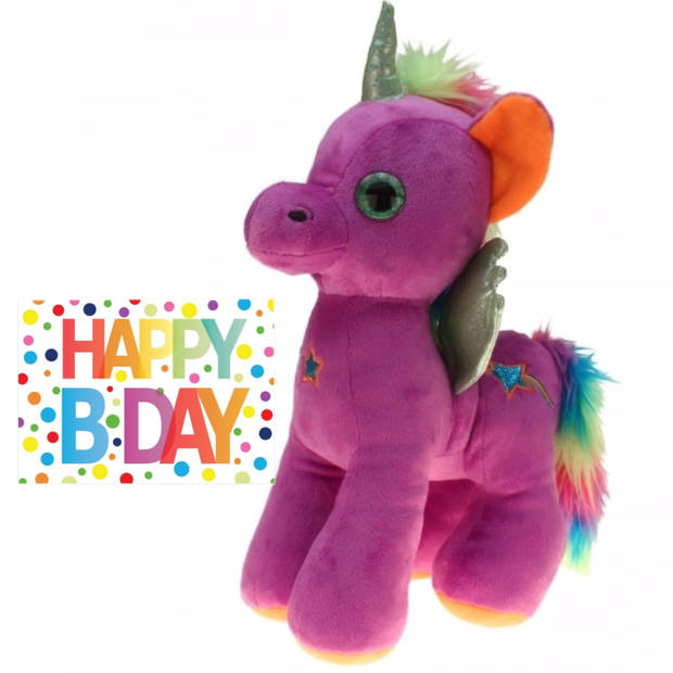 Pluche knuffel eenhoorn paars 35 cm met Happy Birthday wenskaart - Knuffeldier