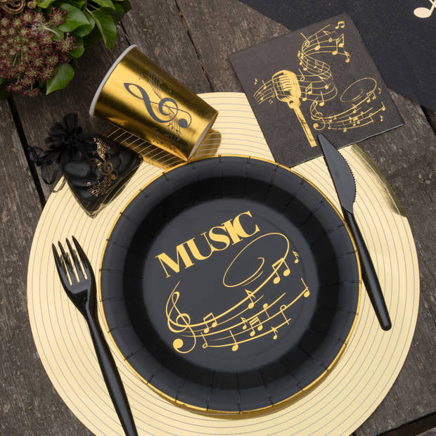 Santex muziek thema feest servetten - 40x stuks - 25 x 25 cm - papier - zwart/goud - Feestservetten