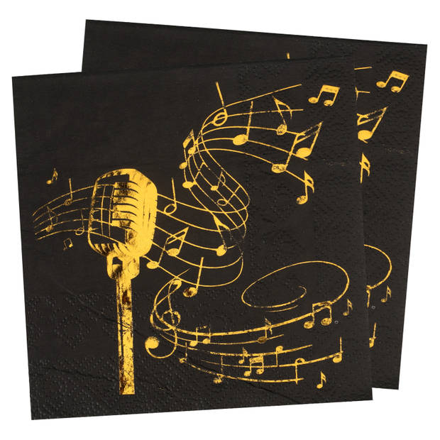 Santex muziek thema feest servetten - 40x stuks - 25 x 25 cm - papier - zwart/goud - Feestservetten