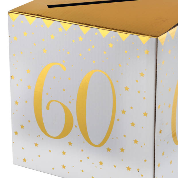 Enveloppendoos - Verjaardag - 60 jaar - wit/goud - karton - 20 x 20 cm - Feestdecoratievoorwerp