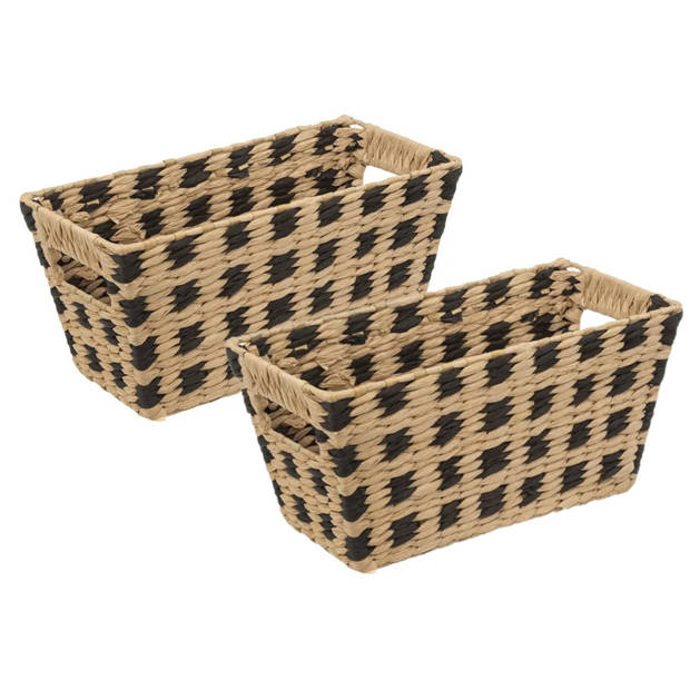 5Five Rieten opbergmand - 2x - gevlochten rechthoek - beige/zwart - 31 x 15 x 15 cm - Opbergmanden