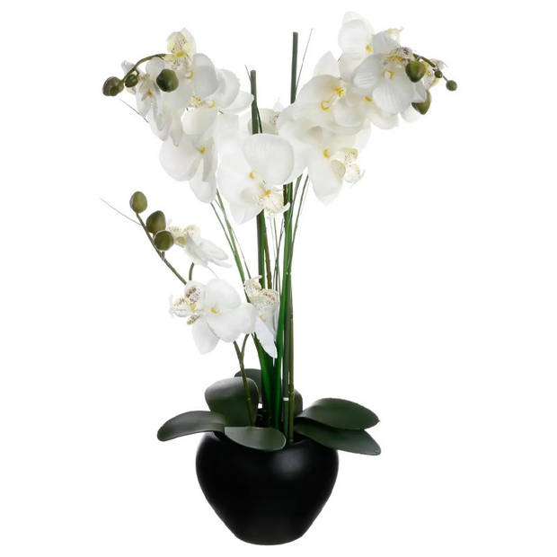 Atmosphera Orchidee bloemen kunstplant in zwarte bloempot - witte bloemen - H53 cm - Kunstplanten