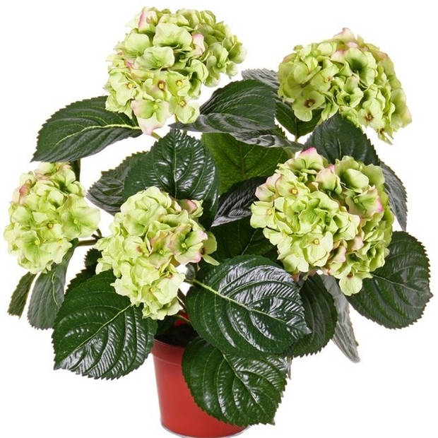 Hortensia kunstplant/kunstbloemen 36 cm - groen/roze - in pot zwart - Kunstplanten