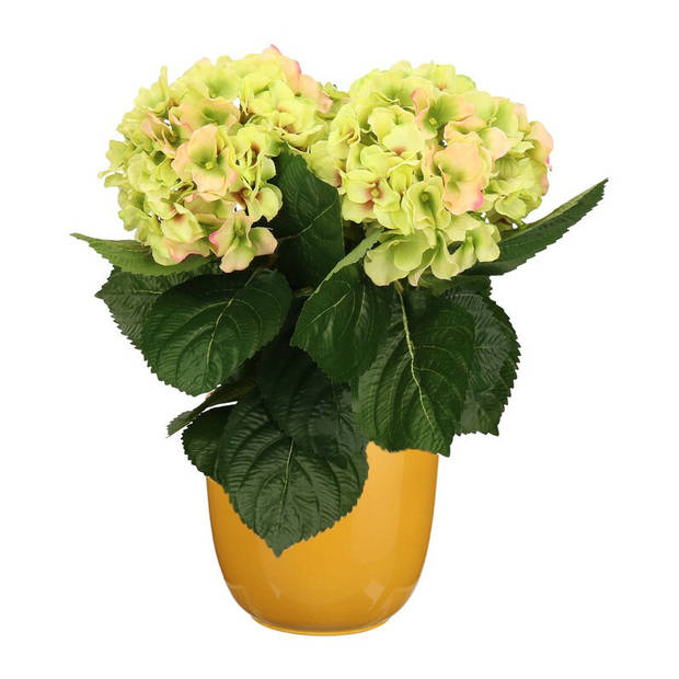 Hortensia kunstplant/kunstbloemen 36 cm - groen/roze - in pot okergeel - Kunstplanten