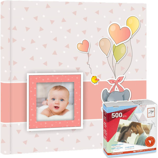Fotoboek/fotoalbum Pierre baby meisje met 30 paginas roze 32 x 32 x 3,5 cm inclusief plakkers - Fotoalbums