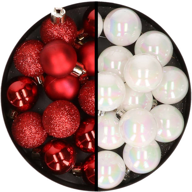 36x stuks kunststof kerstballen rood en parelmoer wit 3 en 4 cm - Kerstbal