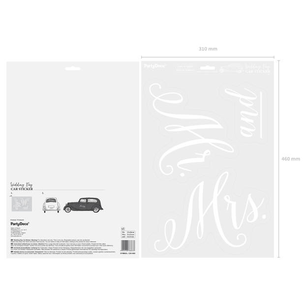 PartyDeco trouwauto decoratie sticker/autosticker Bruidspaar - Bruiloft - wit - 31 x 26 cm - Feeststickers