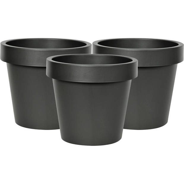 Mega Collections Plantenpot/bloempot - 3x - kunststof - zwart - buiten - D25 x H22 cm - Plantenpotten