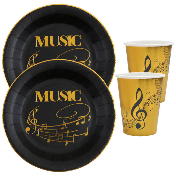 Muziek feest wegwerp servies set - 10x bordjes / 10x bekers - goud/zwart - Feestpakketten