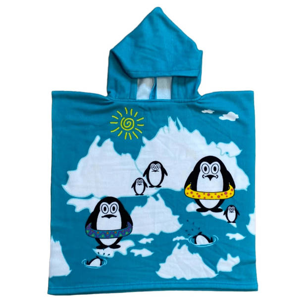 Set van bad cape/poncho met strand/badlaken microvezel - Strandhanddoeken voor kinderen met pinguins - Badcapes