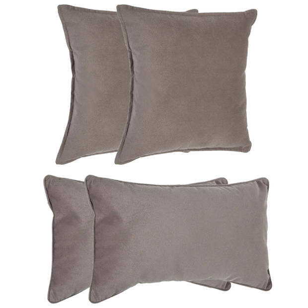 Atmosphera Bank/sierkussens Sophia - set 4x - Taupe/beige - polyester - met rits - In 2 formaten - Sierkussens