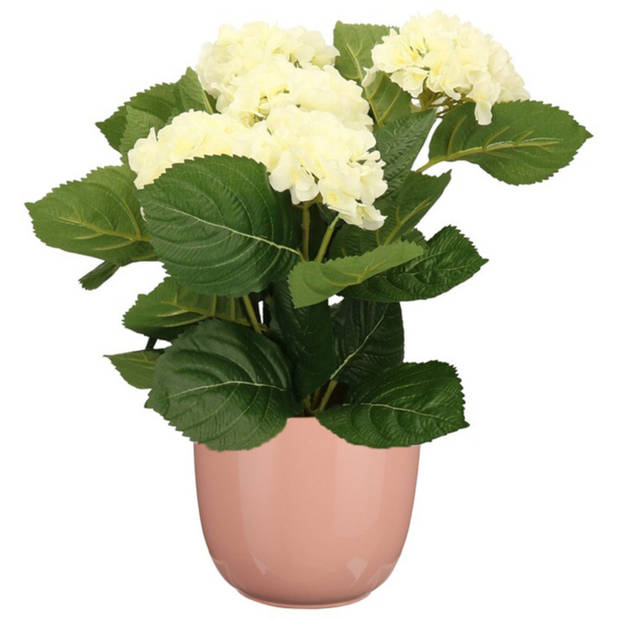 Hortensia kunstplant/kunstbloemen 36 cm - wit - in pot lichtroze glans - Kunstplanten