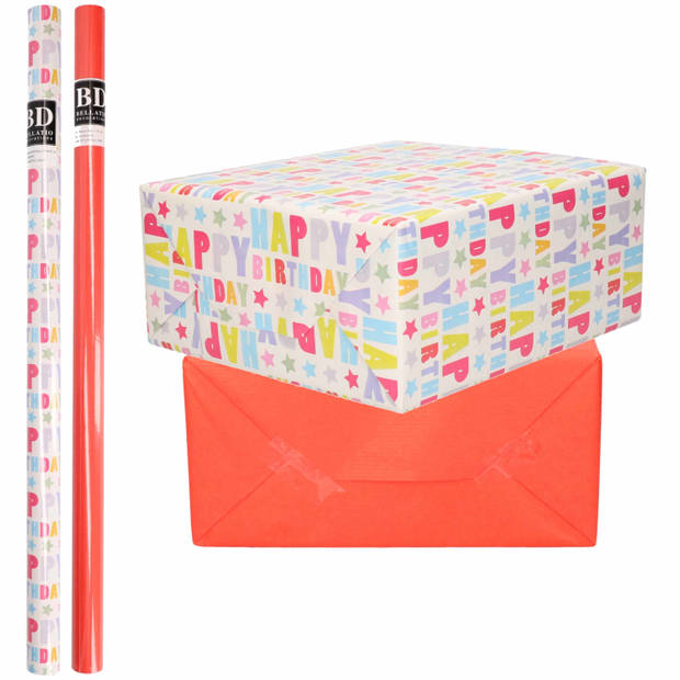 6x Rollen kraft inpakpapier happy birthday pakket - rood 200 x 70 cm - Cadeaupapier