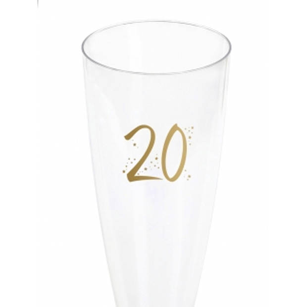 Santex Verjaardag feest champagneglazen - leeftijd - 6x - 20 jaar - goud - kunststof - Champagneglazen