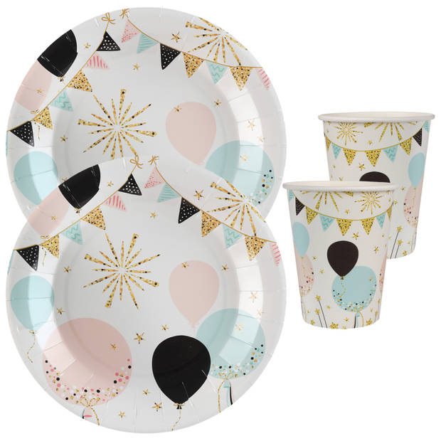 Feest wegwerp servies set - ballon - 10x bordjes / 10x bekers - wit/goud - Feestpakketten