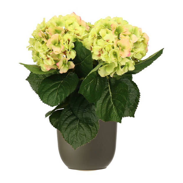 Hortensia kunstplant/kunstbloemen 36 cm - groen/roze - in pot olijfgroen - Kunstplanten