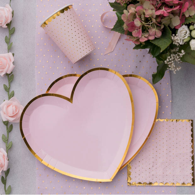 Santex wegwerpbordjes hartje - Babyshower meisje - 10x stuks - 23 cm - roze/goud - Feestbordjes