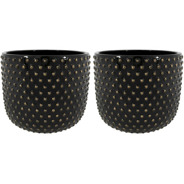 Ter Steege Plantenpot/bloempot Luxery Spike - 2x - keramiek - zwart - Bolletjes motief - D15 x H13 cm - Plantenpotten