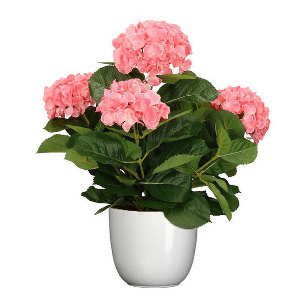 Hortensia kunstplant/kunstbloemen 45 cm - roze - in pot wit glans - Kunstplanten