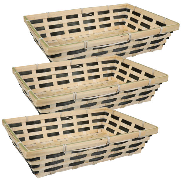 Broodmand rechthoekig - 3x - gevlochten bamboe hout - 34 x 24 x 8 cm - naturel/zwart - broodmand