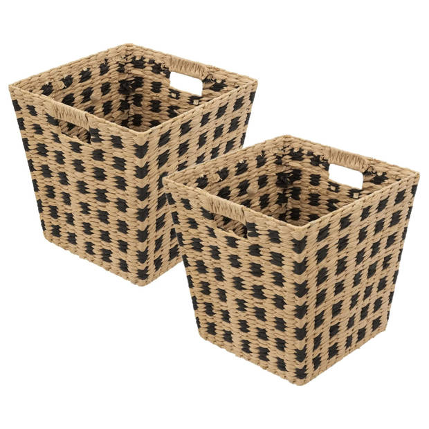 Gevlochten rieten opbergmand - 2x - vierkant - beige/zwart 31 x 31 x 31 cm - Opbergmanden