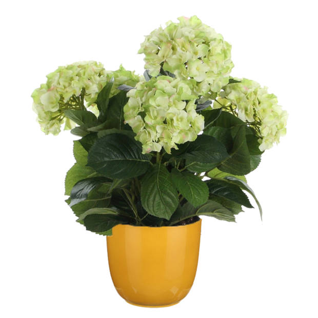 Hortensia kunstplant/kunstbloemen 45 cm - groen - in pot okergeel glans - Kunstplanten