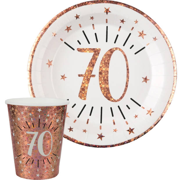 Verjaardag feest bekertjes en bordjes leeftijd - 20x - 70 jaar - rose goud - karton - Feestpakketten