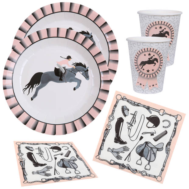 Paarden feest wegwerp servies set - 20x bordjes / 20x bekers / 20x servetten - grijs/roze - Feestpakketten