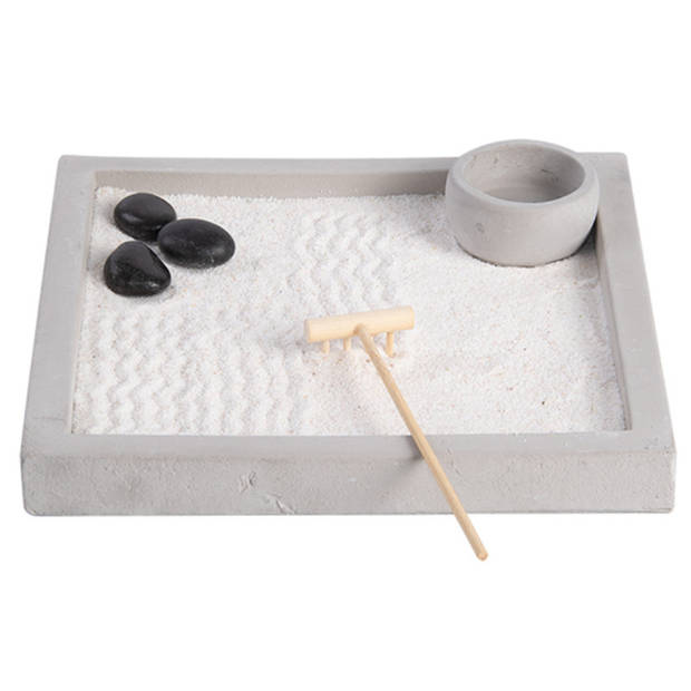Japanse zen tuin voor thuis/kantoor - wit/zwart zand - 20 x 20 cm - Beeldjes