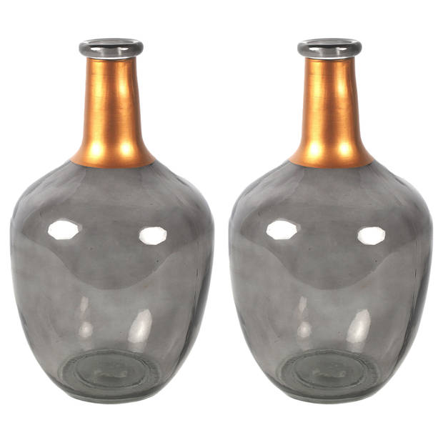Countryfield Bloemenvaas Firm Big Bottle - 2x - transparant grijs/koper - glas - D18 x H30 cm - Vazen
