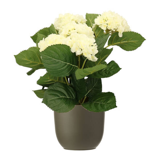 Hortensia kunstplant/kunstbloemen 36 cm - wit - in pot olijfgroen mat - Kunstplanten