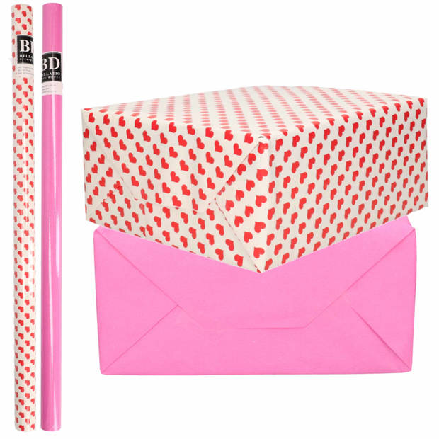 4x Rollen kraft inpakpapier liefde/rode hartjes pakket - roze 200 x 70 cm - Cadeaupapier