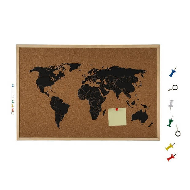 Prikbord wereldkaart met 20x punaise vlaggetjes - 60 x 40 cm - kurk - Prikborden