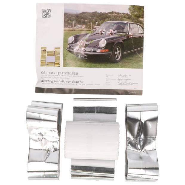 Santex trouwauto lint met strikjes - Bruiloft - zilver - just marriedA - autodecoratie set - Feestdecoratievoorwerp