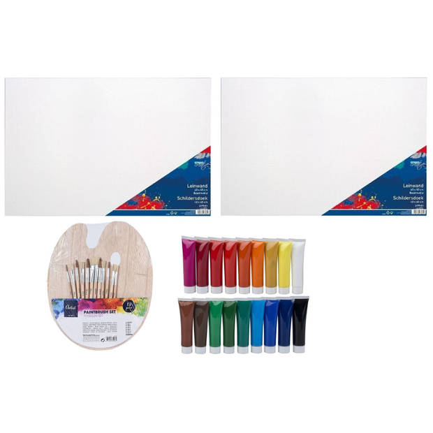 Hobby speelgoed set 2x Schildersdoeken 50 x 70 cm met palet 18x tubes verf en 12 kwasten - Schildersdoeken