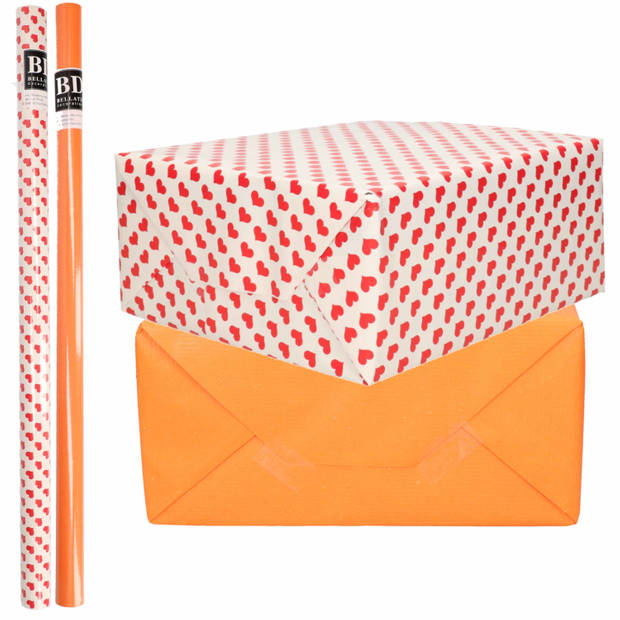 4x Rollen kraft inpakpapier liefde/rode hartjes pakket - oranje 200 x 70 cm - Cadeaupapier