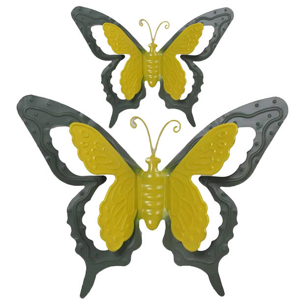 Tuin/schutting decoratie vlinders - metaal - groen - 17 x 13 cm - 36 x 27 cm - Tuinbeelden