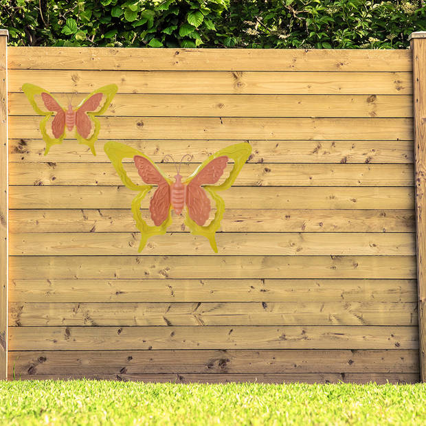 Tuin/schutting decoratie vlinders - metaal - oranje - 24 x 18 cm - 46 x 34 cm - Tuinbeelden
