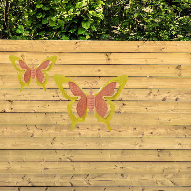 Tuin/schutting decoratie vlinders - metaal - oranje - 17 x 13 cm - 36 x 27 cm - Tuinbeelden