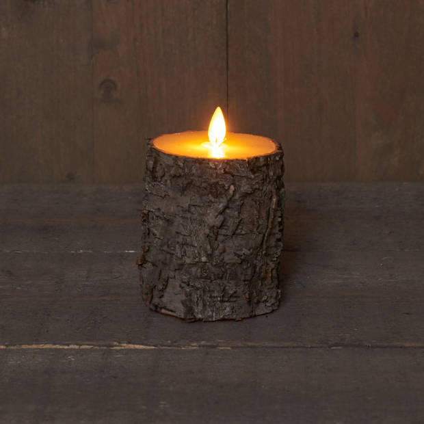 2x Led kaarsen / stompkaarsen bruin berkenhout 10 cm met dansvlam - LED kaarsen