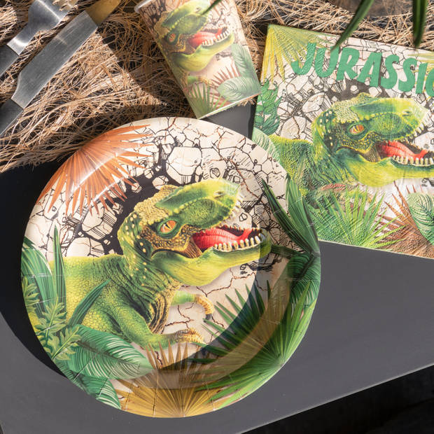 Santex feest wegwerpbordjes - dinosaurus - 20x stuks - 23 cm - bruin/groen - Feestbordjes