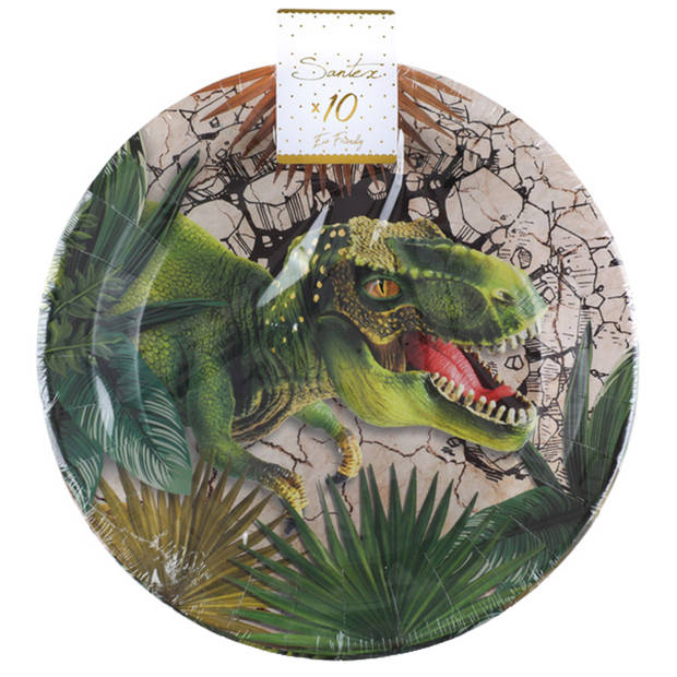 Santex feest wegwerpbordjes - dinosaurus - 10x stuks - 23 cm - bruin/groen - Feestbordjes