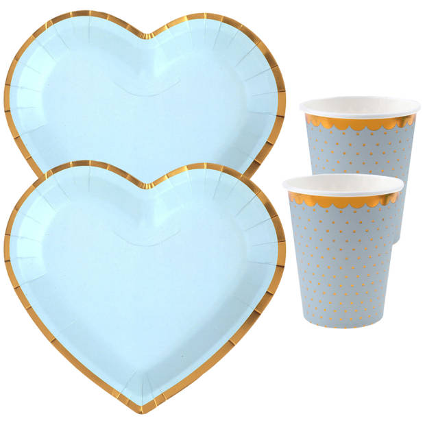 Feest wegwerp servies set - hartje - 20x bordjes / 20x bekers - blauw/goud - Feestpakketten