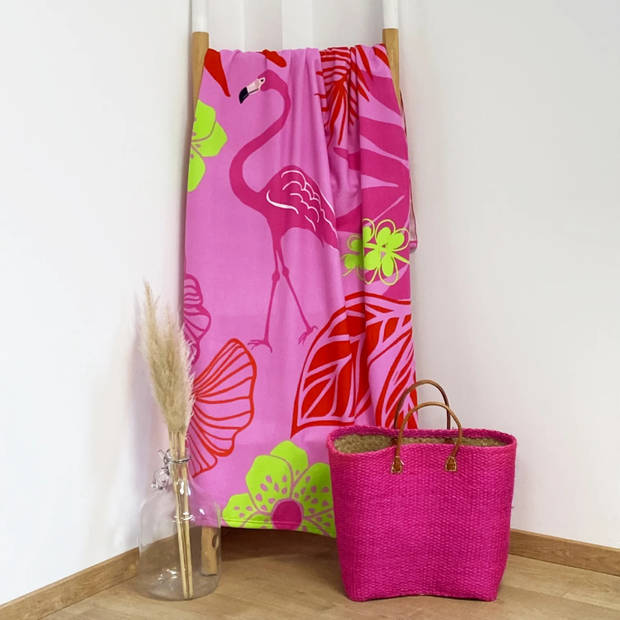 Strand/badlaken - flamingo print - 90 x 170 cm - microvezel - Strandlakens