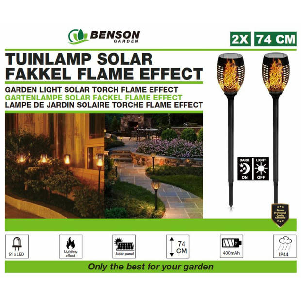 Benson Solar tuinlamp - 6x - zwart - LED flame effect - oplaadbaar - D12 x H74 cmA - Fakkels