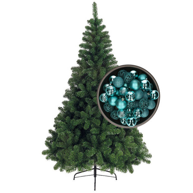 Bellatio Decorations kunst kerstboom 180 cm met kerstballen turquoise blauw - Kunstkerstboom