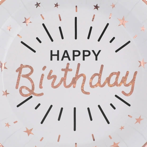 Santex Verjaardag feest bordjes happy birthday - 10x - rose goud - karton - 22 cm - rond - Feestbordjes