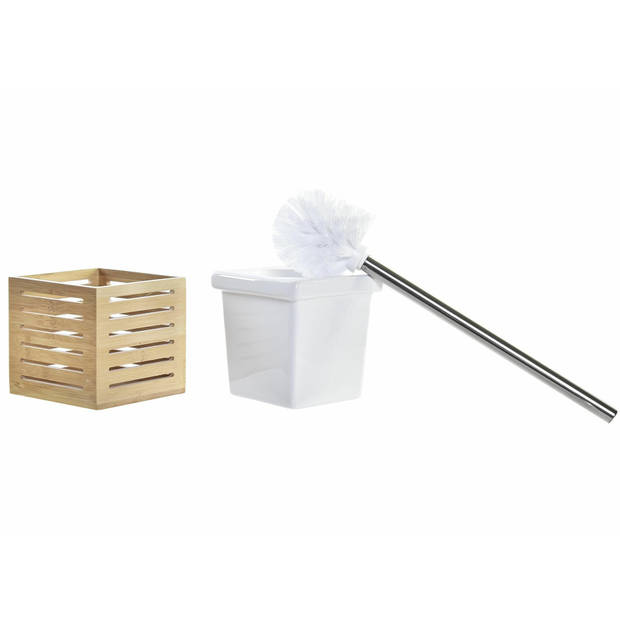 2x stuks WC/Toiletborstel in houder bamboe hout/wit 37 x 11 cm - Toiletborstels