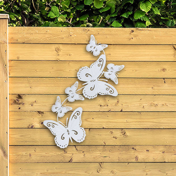 Pro Garden tuin wanddecoratie vlinders - metaal - wit - 30 x 65 cm - Tuinbeelden