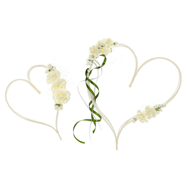 PartyDeco trouwauto decoratie bloemen harten - Bruiloft - creme wit - 2x - 19-30 cm - Feestdecoratievoorwerp